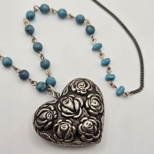 Silver Hammered Roses Puffy Heart Necklace Turquoise Southwestern 27” Long